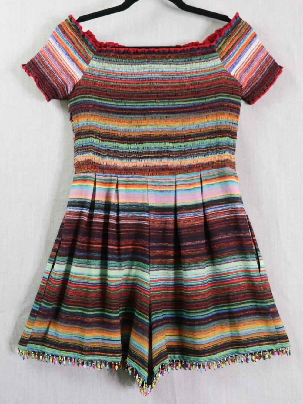 Nicole Miller Off The Shoulder Smocked Striped Romper Beaded Fringe Size 8 Lined - Picture 12 of 13